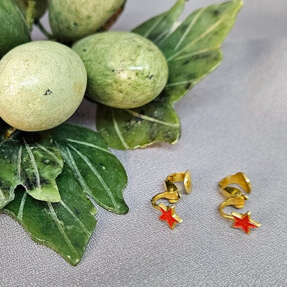 Clip-on Earrings, Red Hearts, Gold tone, Dainty, Petite, Cute - 1/2" - Picture 2 of 6